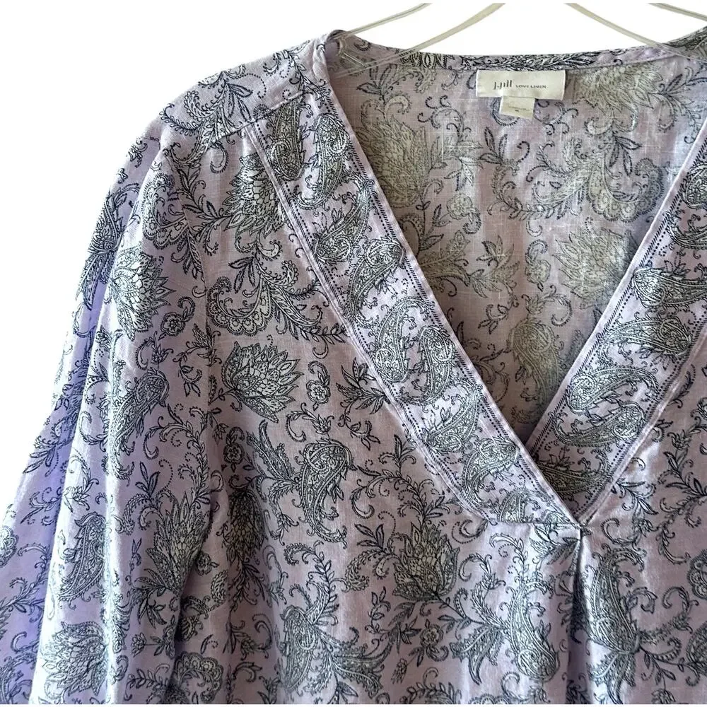 J. Jill Love Linen Boxy Top Womens Medium Lavender Paisley Floral V-Neck Coastal